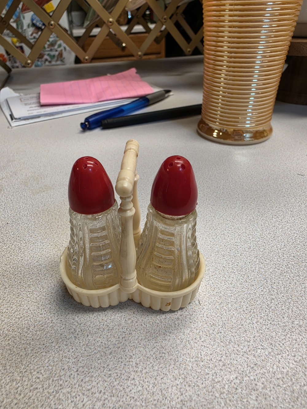 Vtg Red-Top Glass Salt and Pepper Shakers with Cream Caddy